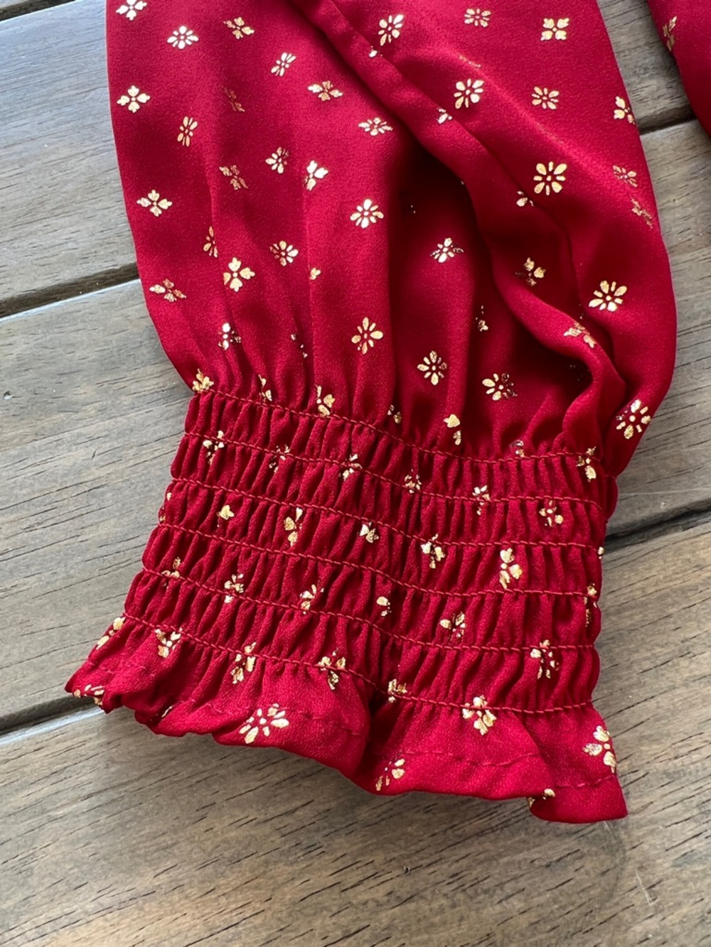 Time and Tru Red Tie-Neck Long-Sleeve Blouse with Gold Dot Print - Picture 6 of 13